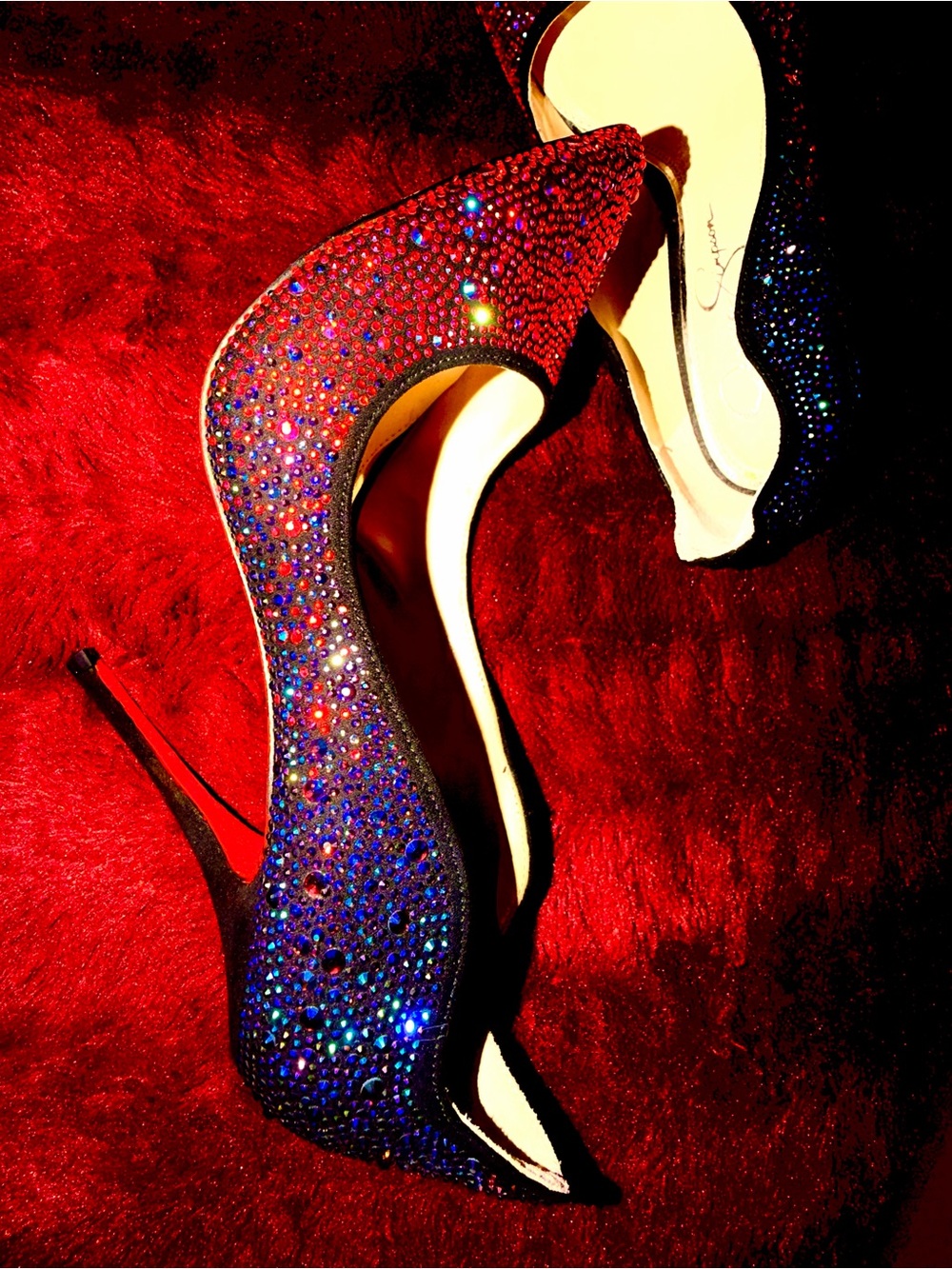 Jessica Simpson Red/Pink and Blue with Red Bottoms, Embellished Stiletto Heels